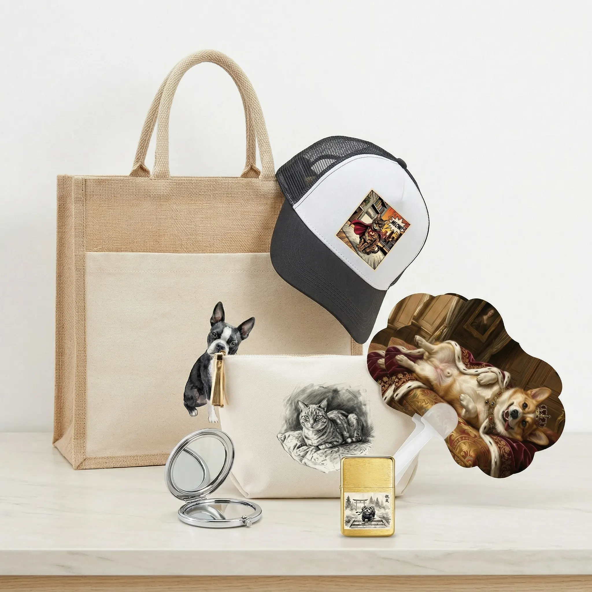 Custom pet portrait on tote bags and accessories